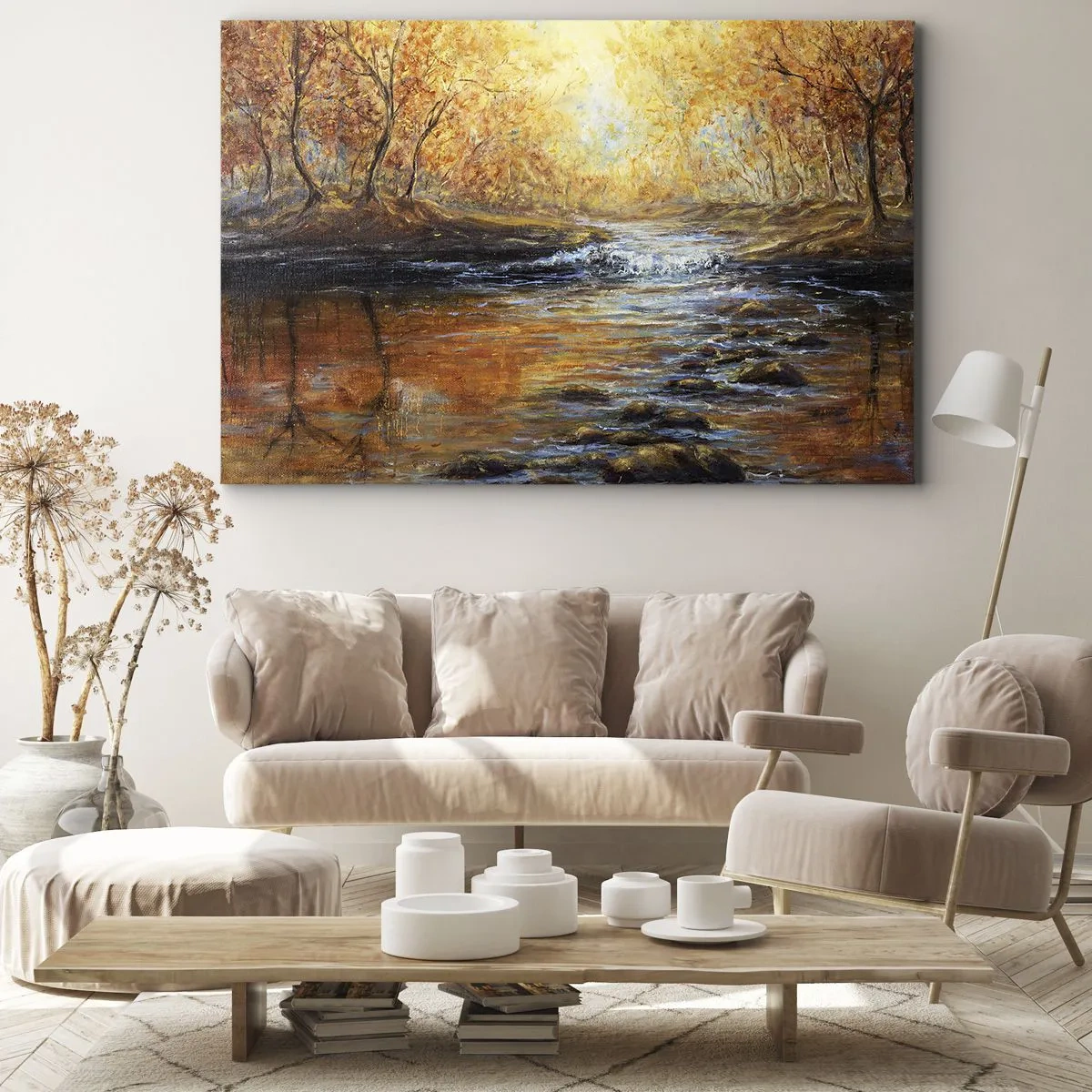 Quadro su tela - Stampe su Tela - Paesaggio autunnale con un fiume tra gli alberi - 70x50cm - Ruscello d'oro - Decorazione murale moderna per soggiorno e camera da letto ARTTOR