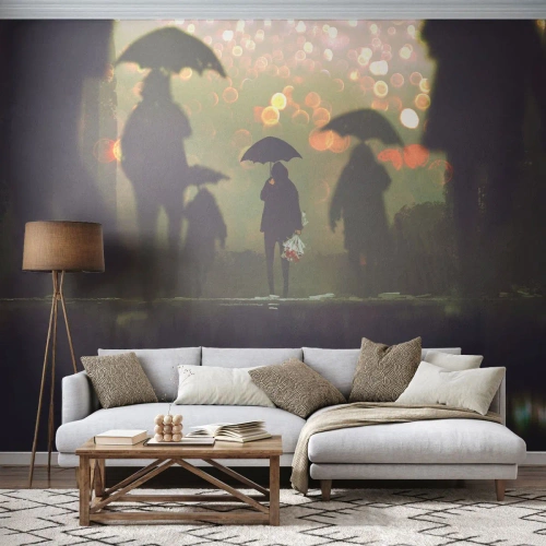 Fotomurali Premium Canvas - Dalla prospettiva di una goccia di pioggia - Camminare sotto la pioggia, Persone, Grafica - 400x280 cm