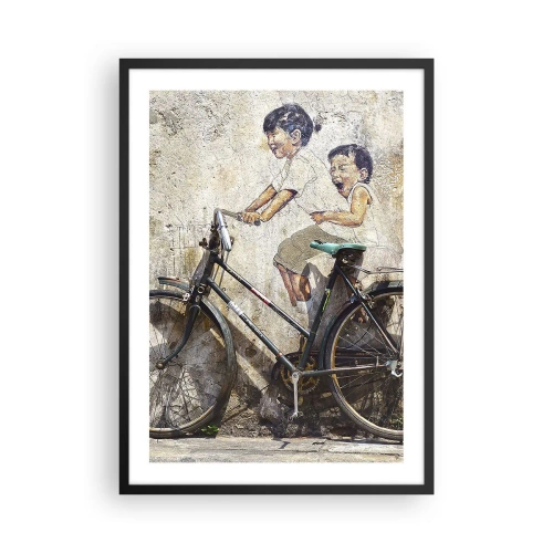 Poster in cornice nera - Un murale di street art raffigurante bambini in bicicletta - 50x70cm - Vero o falso? - Decorazione murale moderna per soggiorno e camera da letto ARTTOR