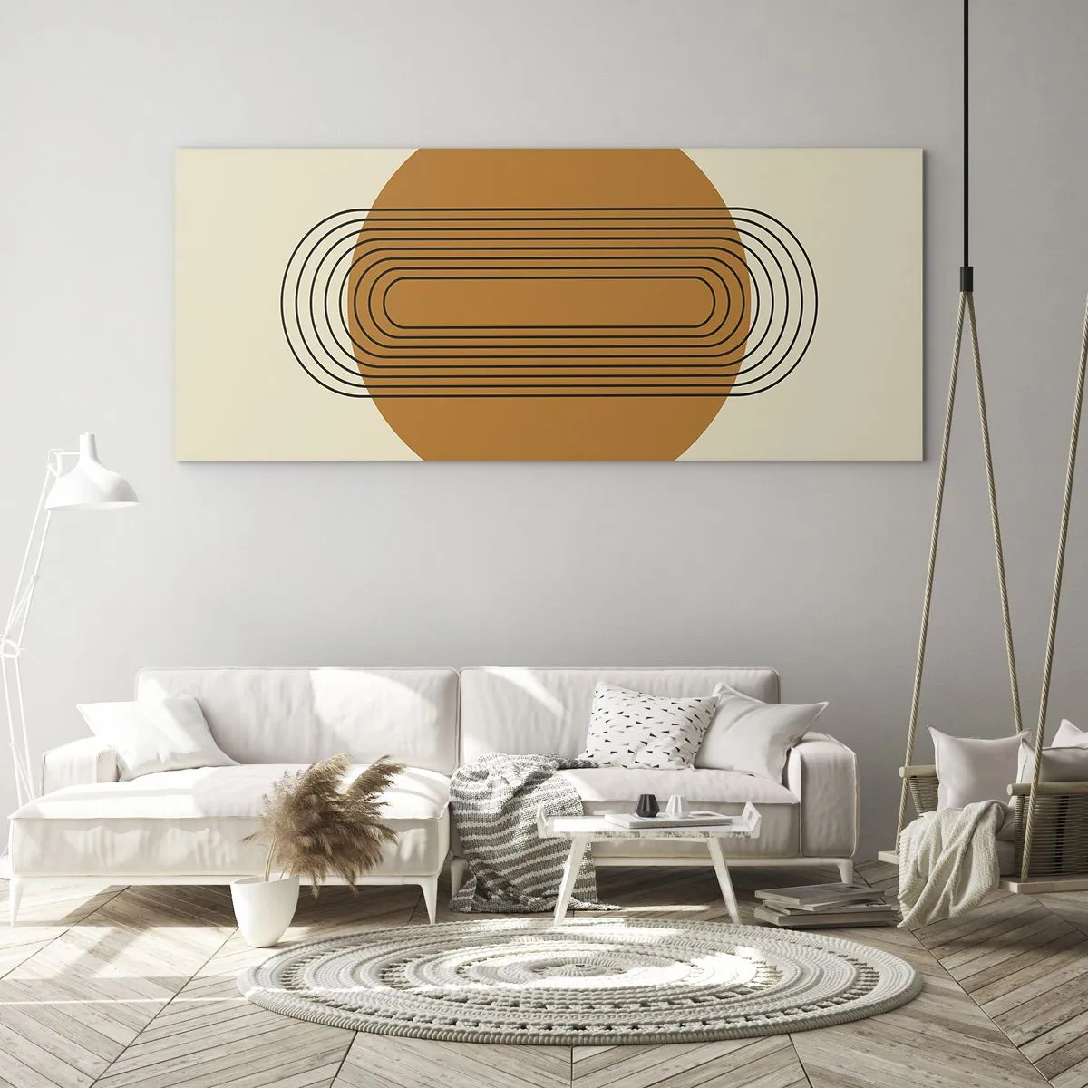 Quadro su vetro - Motivo geometrico con cerchi e linee arancioni - 160x50cm - Piano perfetto - Decorazione murale moderna per soggiorno e camera da letto ARTTOR