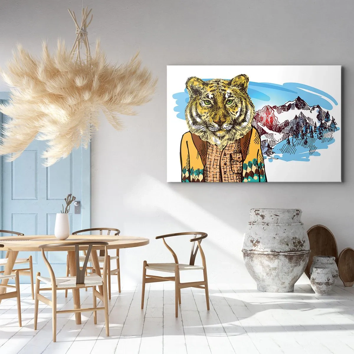 Quadro su tela - Stampe su Tela - Una tigre con un cappotto sullo sfondo di un paesaggio montano - 70x50cm - Non così selvaggia come la si dipinge - Decorazione murale moderna per soggiorno e camera da letto ARTTOR