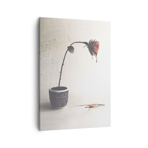 Quadro su tela - Stampe su Tela - Una rosa rossa in un vaso con gocce di tintura su uno sfondo bianco - 50x70cm - Rosa dolorosa - Decorazione murale moderna per soggiorno e camera da letto ARTTOR
