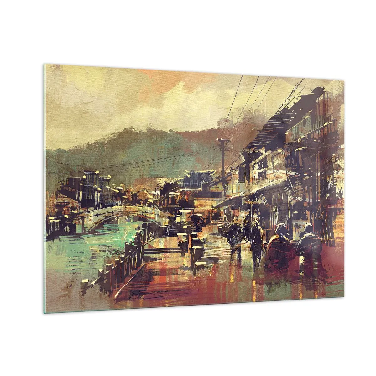 Quadro su vetro - Paesaggio urbano in stile pittorico con motivo di un ponte e di un canale. - 100x70cm - La vita come ricchezza di grigio - Decorazione murale moderna per soggiorno e camera da letto ARTTOR