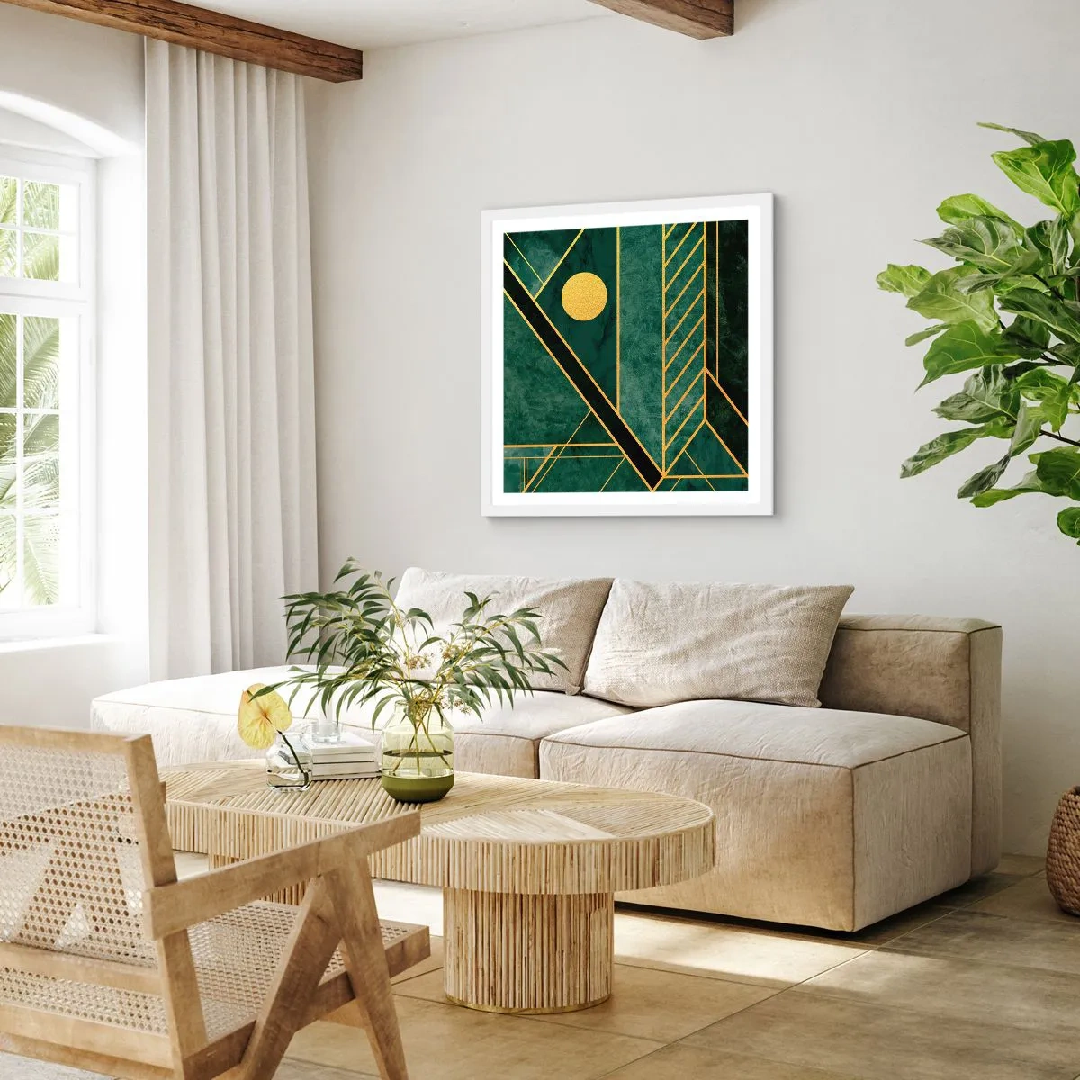 Poster in cornice bianca - Dinamica di oro e azzurro - 40x40 cm