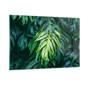 Quadro su vetro - Lussureggianti foglie verdi di monstera alla luce naturale - 120x80cm - Immergersi nella freschezza - Decorazione murale moderna per soggiorno e camera da letto ARTTOR