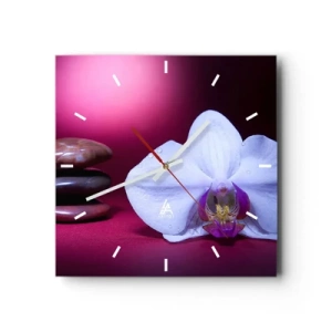 Orologio da parete - Orologio in Vetro - Orchidea bianca e pietre su sfondo rosa - 30x30cm - Studio di freschezza in viola - Decorazione murale moderna per soggiorno e camera da letto ARTTOR