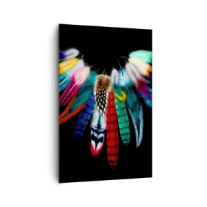 Quadro su tela - Stampe su Tela - Piume colorate su sfondo nero in una composizione artistica - 80x120cm - Collana indiana - Decorazione murale moderna per soggiorno e camera da letto ARTTOR