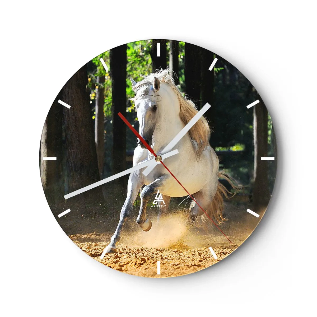 Orologio da parete - Orologio in Vetro - Un cavallo bianco che galoppa tra gli alberi - 30x30cm - Come nei racconti fantasy - Decorazione murale moderna per soggiorno, cucina e camera da letto ARTTOR