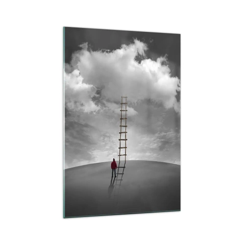 Quadro su vetro - Una persona con un cappotto rosso e una scala che porta a una nuvola - 70x100cm - Tutto è possibile - Decorazione murale moderna per soggiorno e camera da letto ARTTOR