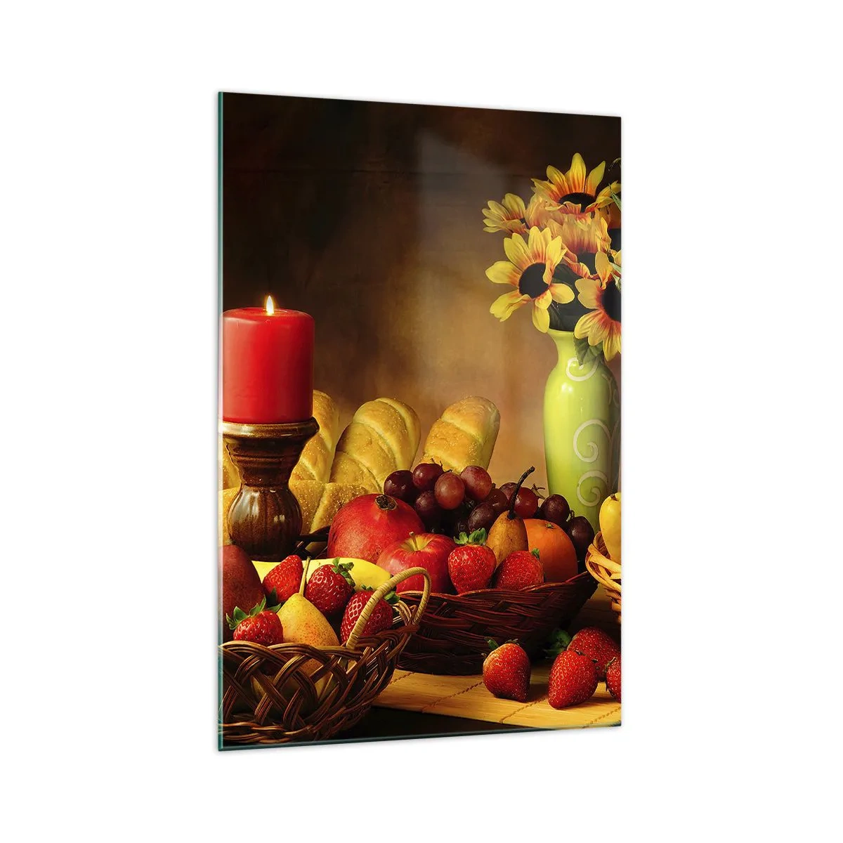 Quadro su vetro - Natura morta con frutta, pane, candela e fiori - 70x100cm - Natura morta con pane e frutta - Decorazione murale moderna per soggiorno e camera da letto ARTTOR