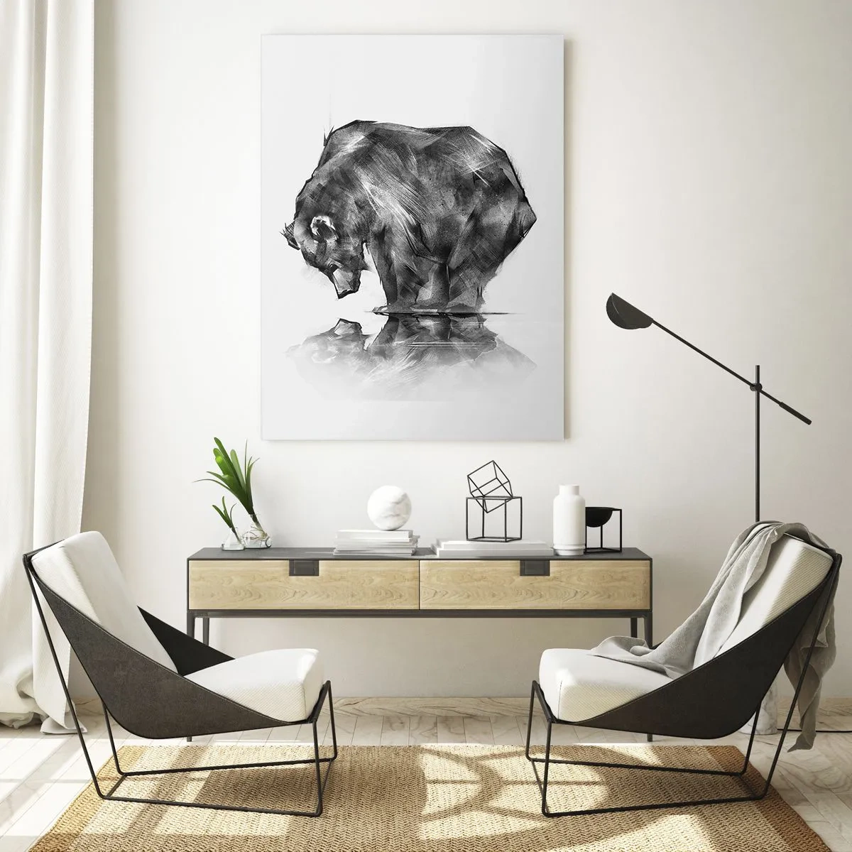 Quadro su vetro - Un disegno di un orso in stile minimalista - 70x100cm - Fa piacere vedere chi ci è caro - Decorazione murale moderna per soggiorno e camera da letto ARTTOR