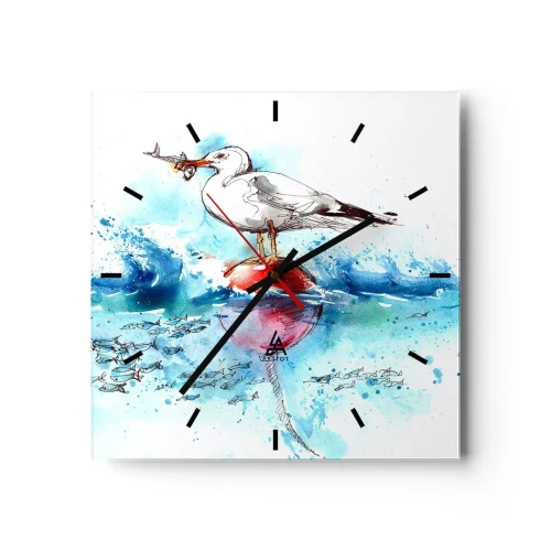 Orologio da parete - Orologio in Vetro - Gabbiano su una boa con pesci sullo sfondo in stile acquerello - 30x30cm - Buona pesca - Decorazione murale moderna per soggiorno e camera da letto ARTTOR