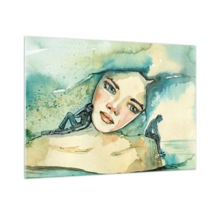 Quadro su vetro - Ritratto di donna in stile acquerello con sagome di figure - 100x70cm - Am I blue? - Decorazione murale moderna per soggiorno e camera da letto ARTTOR