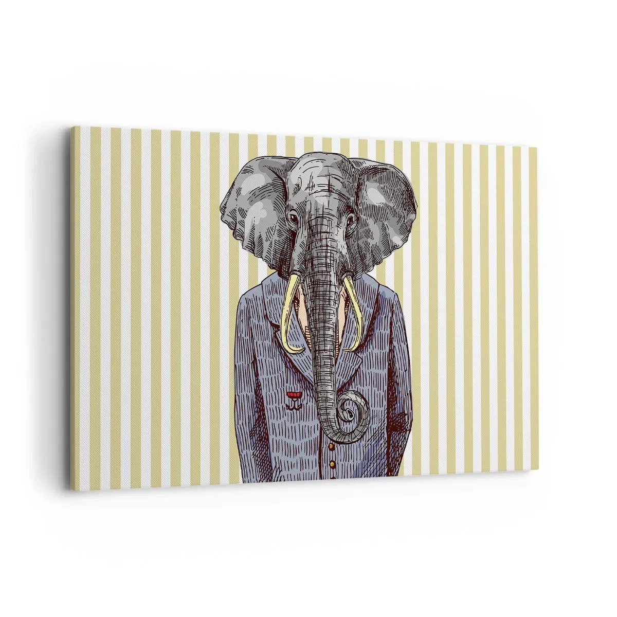 Quadro su tela - Stampe su Tela - Un elefante in abito su uno sfondo di strisce beige - 120x80cm - Elegante di natura - Decorazione murale moderna per soggiorno e camera da letto ARTTOR