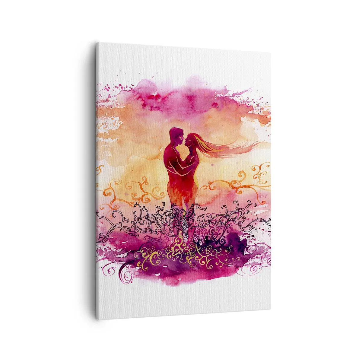 Quadro su tela - Stampe su Tela - Una coppia abbracciata su uno sfondo astratto rosa e arancione - 50x70cm - Un unico cuore! Mi basta così poco... - Decorazione murale moderna per soggiorno e camera da letto ARTTOR