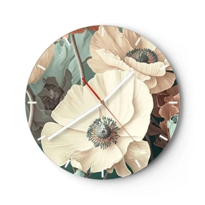 Orologio da parete - Orologio in Vetro - Fiori di papavero color crema su uno sfondo di foglie in una tavolozza pastello tenue - 30x30cm - Il sussurro dei papaveri - Decorazione murale moderna per soggiorno, cucina e camera da letto ARTTOR