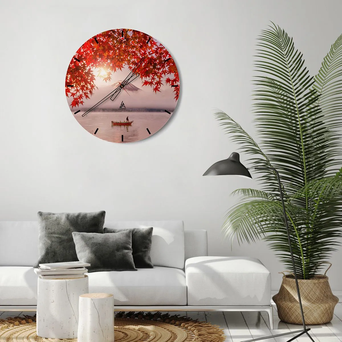 Orologio da parete - Orologio in Vetro - Foglie autunnali con il Monte Fuji sullo sfondo e una barca su un lago - 30x30cm - Nell'atmosfera del Giappone - Decorazione murale moderna per soggiorno, cucina e camera da letto ARTTOR