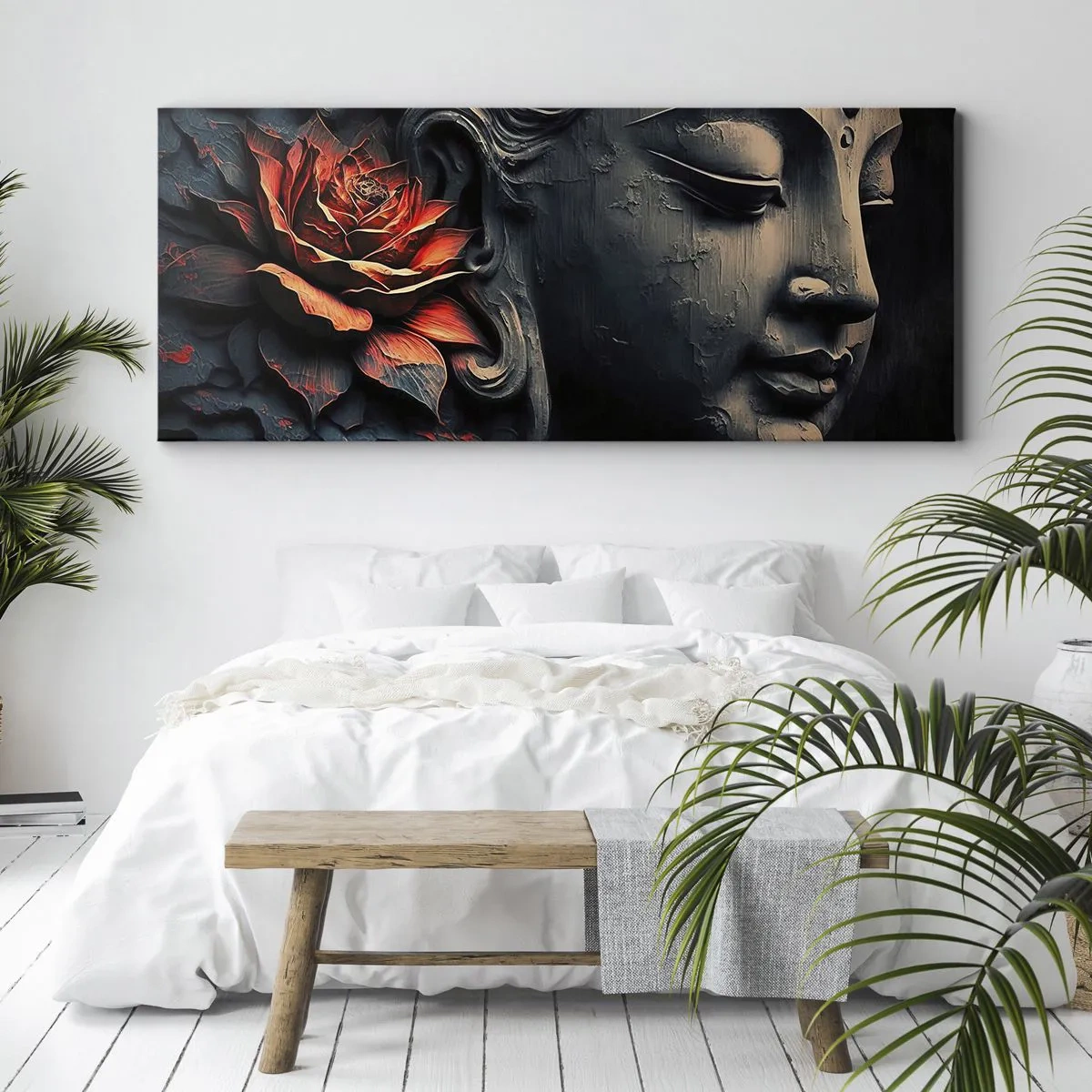 Quadro su tela - Stampe su Tela - Scultura del Buddha con un fiore di loto rosso - 120x50cm - In armonia con il mondo - Decorazione murale moderna per soggiorno e camera da letto ARTTOR