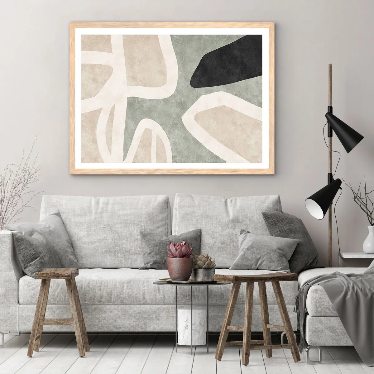 Poster in cornice rovere chiaro - Composizione con motivi in nero - 70x50 cm