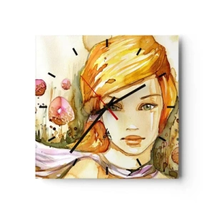 Orologio da parete - Orologio in Vetro - Ritratto di donna dai colori acquerellati con sguardo intenso - 30x30cm - Sguardo di smeraldo, che calma l'ira - Decorazione murale moderna per soggiorno e camera da letto ARTTOR