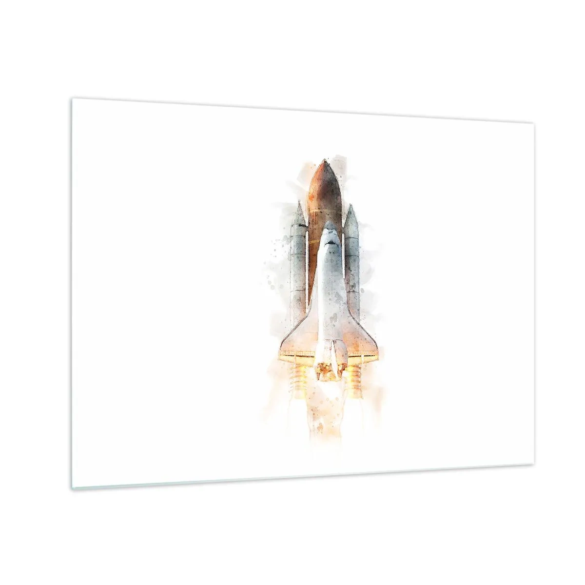 Quadro su vetro - Uno space shuttle in decollo in stile acquerello su sfondo bianco. - 70x50cm - La partenza degli esploratori - Decorazione murale moderna per soggiorno e camera da letto ARTTOR