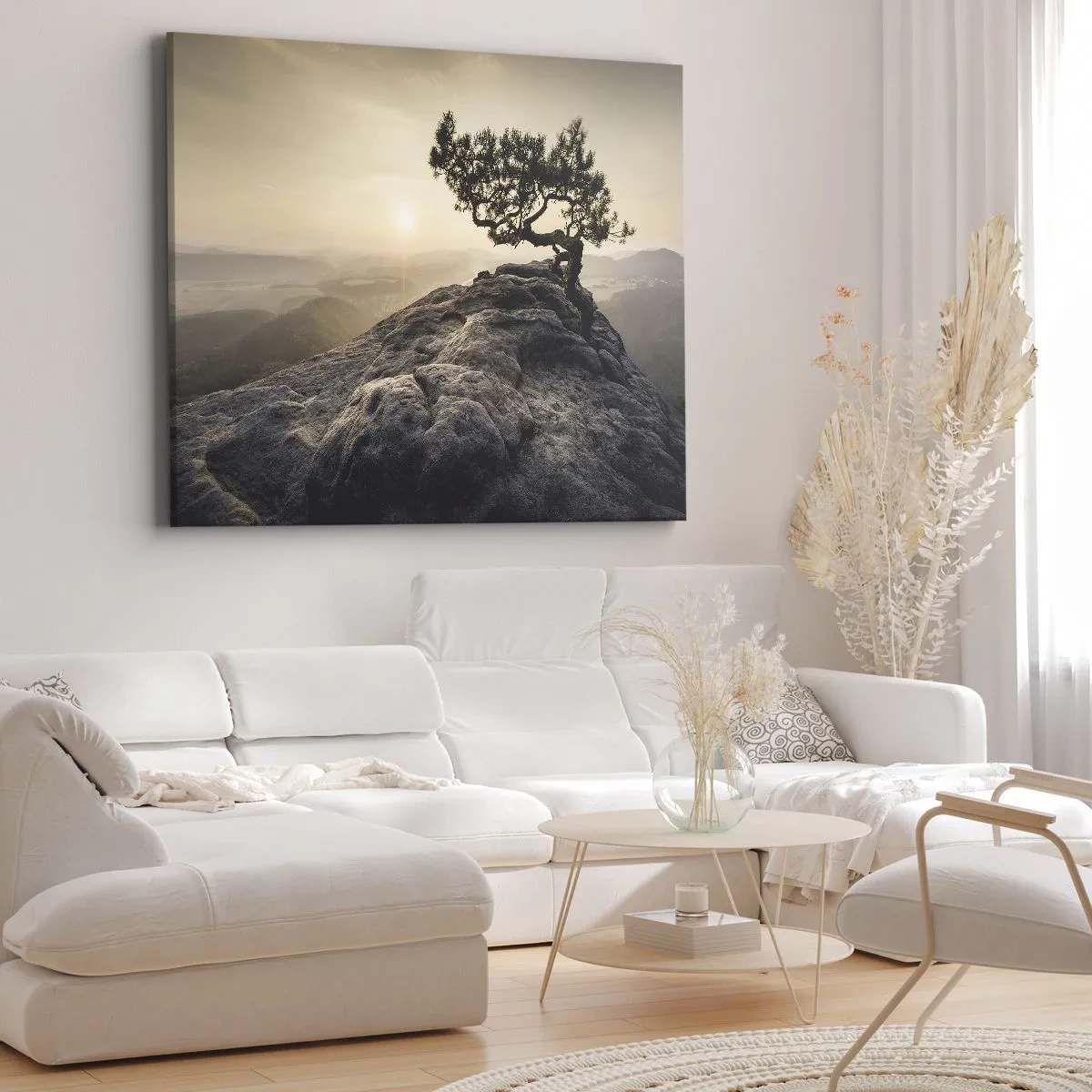 Quadro su tela - Stampe su Tela - Un albero solitario su una cima rocciosa alla luce del sole - 120x80cm - La vita vince sempre - Decorazione murale moderna per soggiorno e camera da letto ARTTOR