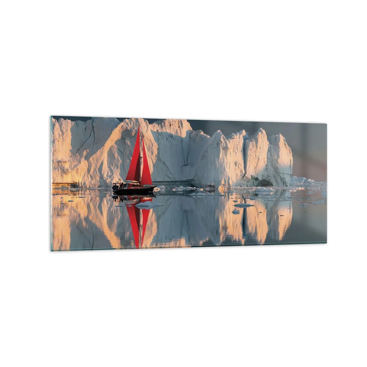 Quadro su vetro - Una barca a vela con una vela rossa sullo sfondo di un ghiacciaio - 120x50cm - Ai confini del mondo - Decorazione murale moderna per soggiorno e camera da letto ARTTOR