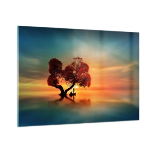 Quadro su vetro - Un albero con foglie rosse sullo sfondo del tramonto - 100x70cm - Gli esiliati e il silenzio fuori dal mondo - Decorazione murale moderna per soggiorno e camera da letto ARTTOR