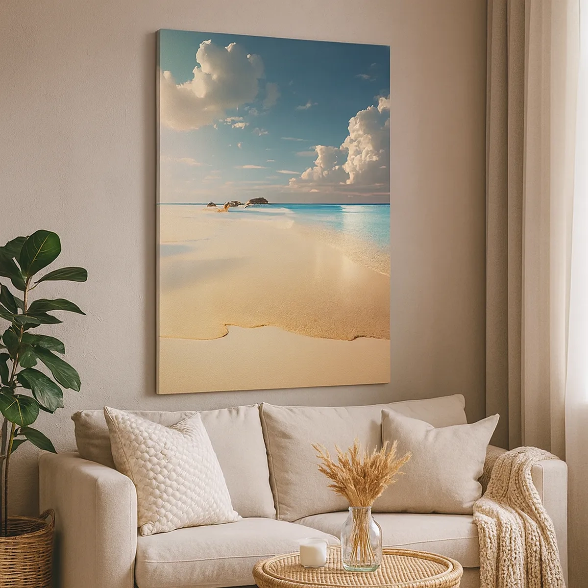 Quadro su tela - Stampe su Tela - Una spiaggia soleggiata con mare azzurro e rocce - 50x70cm - Giornata ideale - Decorazione murale moderna per soggiorno e camera da letto ARTTOR