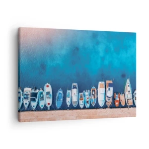 Quadro su tela - Stampe su Tela - Barche ormeggiate sulla riva contro l'acqua blu - 70x50cm - In una fila - Decorazione murale moderna per soggiorno e camera da letto ARTTOR