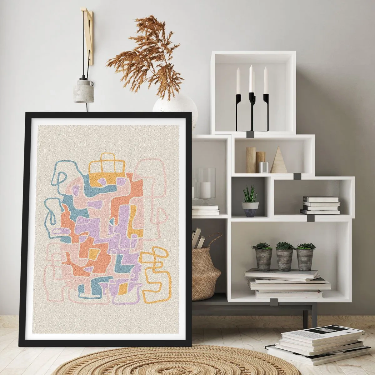 Poster in cornice nera - Astrazione colorata con linee irregolari su uno sfondo chiaro - 50x70cm - Labirinto: avventura gioiosa - Decorazione murale moderna per soggiorno e camera da letto ARTTOR