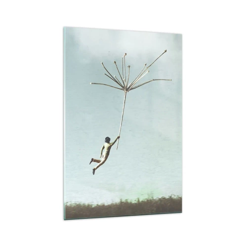 Quadro su vetro - Una figura sollevata da un grande seme di tarassaco - 70x100cm - Aquiloni, denti di leone, vento - Decorazione murale moderna per soggiorno e camera da letto ARTTOR