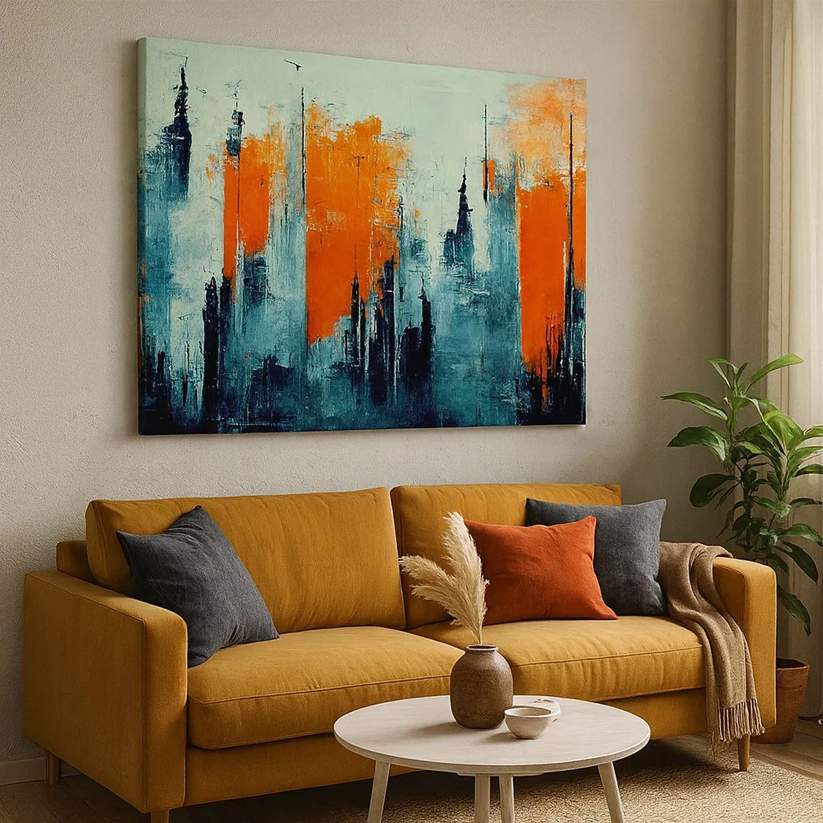 Quadro su tela - Stampe su Tela - Paesaggio urbano astratto nei toni dell'arancione e del blu - 70x50cm - Paesaggio moderno - Decorazione murale moderna per soggiorno e camera da letto ARTTOR