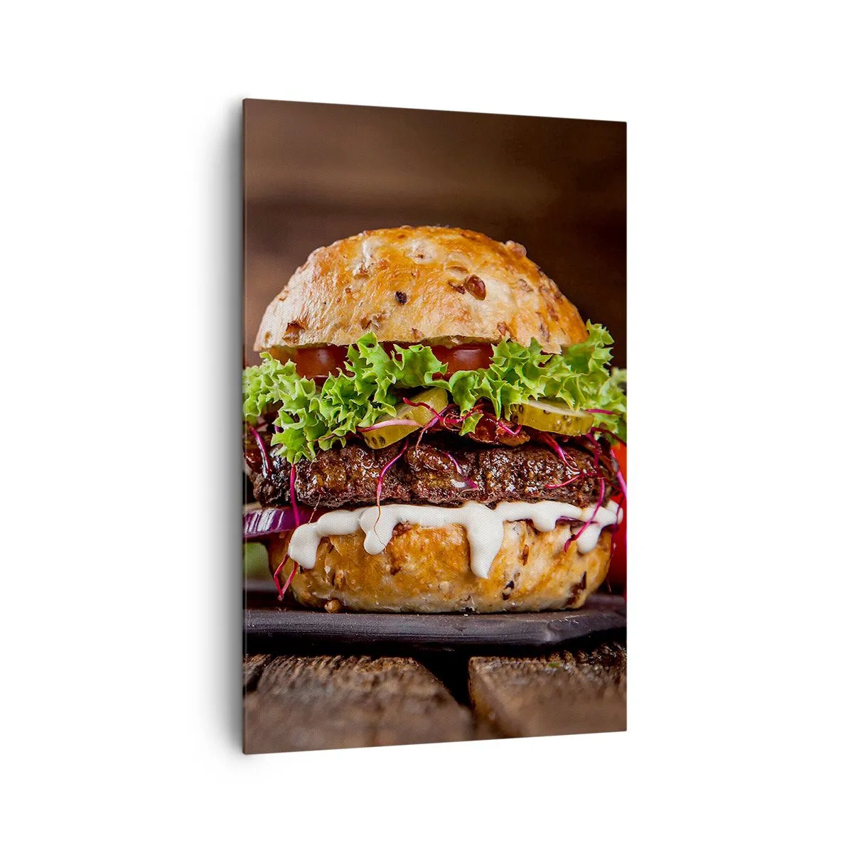 Quadro su tela - Stampe su Tela - Appetitosi hamburger con verdure e salsa - 80x120cm - American dream - Decorazione murale moderna per soggiorno e camera da letto ARTTOR