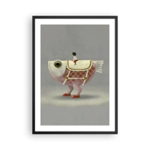 Poster in cornice nera - Un pesce fantasy con una sella e una figura su uno sfondo grigio - 50x70cm - Il cavaliere del pesce - Decorazione murale moderna per soggiorno e camera da letto ARTTOR