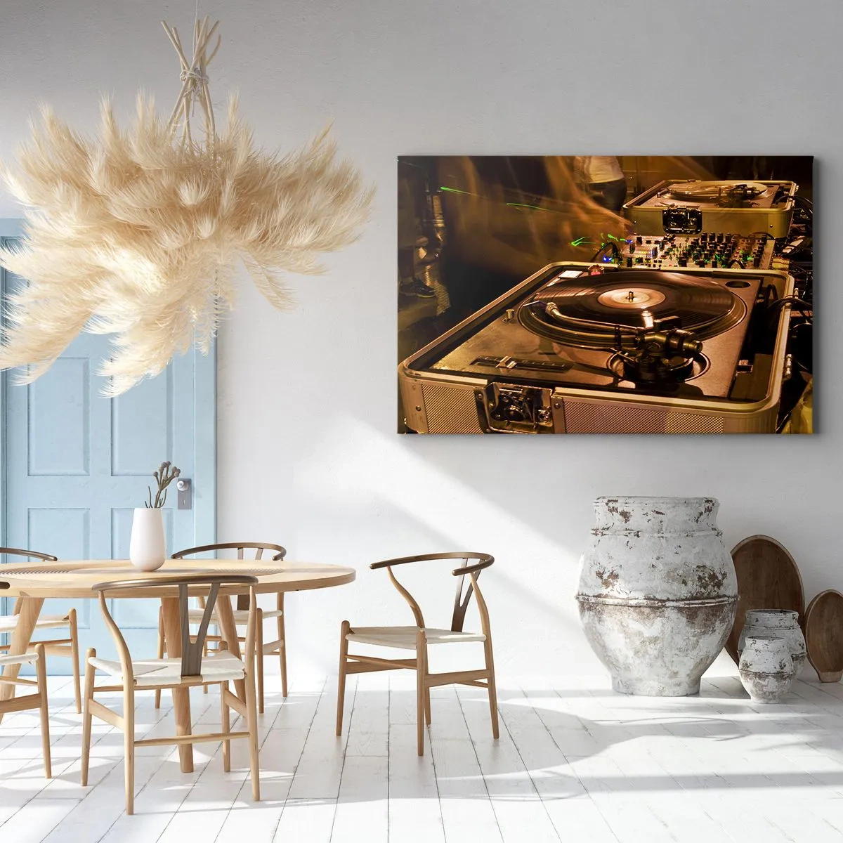 Quadro su tela - Stampe su Tela - Attrezzatura da DJ con giradischi e mixer durante una festa - 100x70cm - Senti la forza? - Decorazione murale moderna per soggiorno e camera da letto ARTTOR