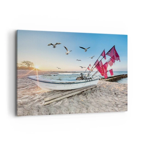 Quadro su tela - Stampe su Tela - Una barca sulla spiaggia all'alba con gabbiani e bandiere rosse - 120x80cm - Meritato riposo - Decorazione murale moderna per soggiorno e camera da letto ARTTOR