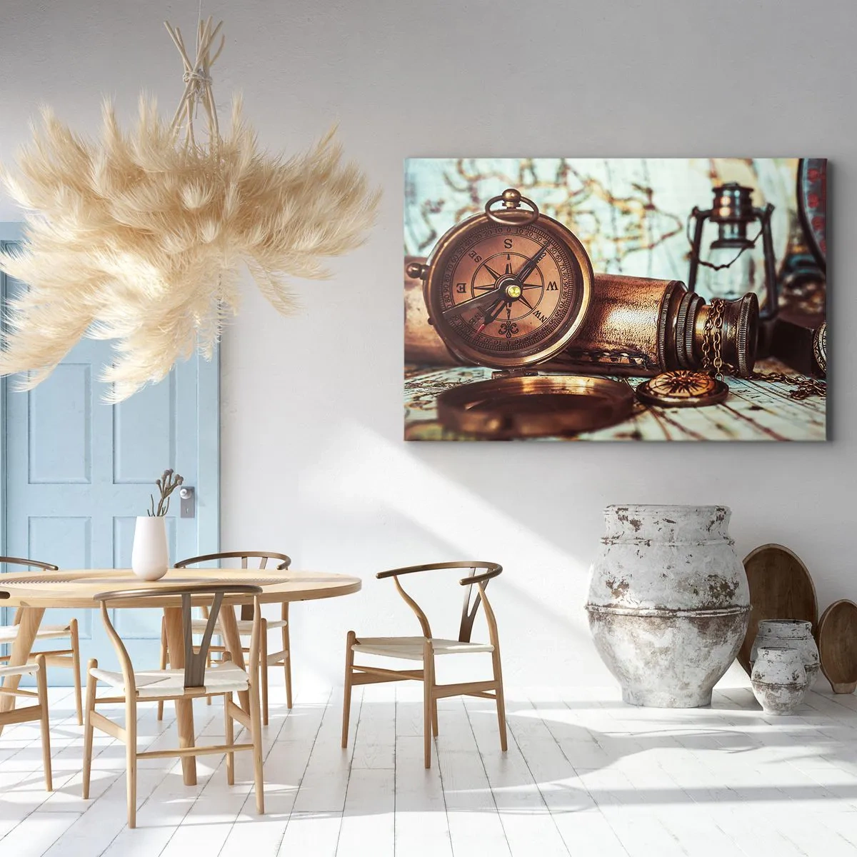 Quadro su tela - Stampe su Tela - Un set retrò con bussola, telescopio e mappa a tema viaggio - 120x80cm - Ti aspetta l'avventura dei pirati dei Caraibi - Decorazione murale moderna per soggiorno e camera da letto ARTTOR