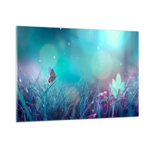 Quadro su vetro - Farfalla sull'erba in luce pastello - 120x80cm - La vita segreta del prato - Decorazione murale moderna per soggiorno e camera da letto ARTTOR