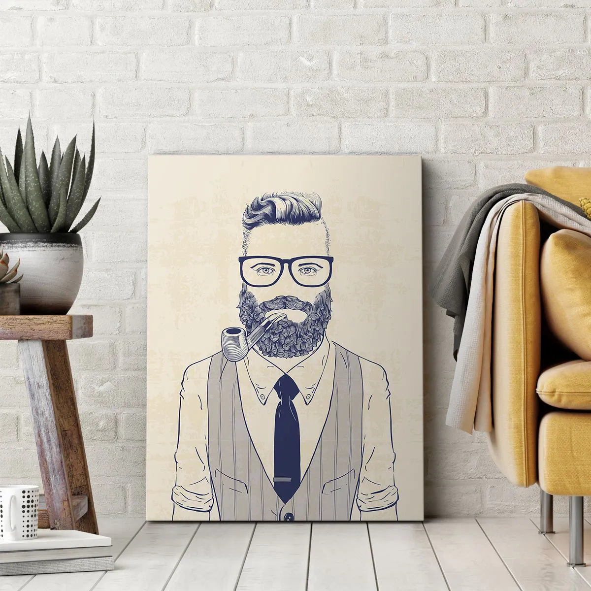 Quadro su tela - Stampe su Tela - Uomo stilizzato con barba, pipa e occhiali - 70x100cm - Allegro, maschile e alla moda - Decorazione murale moderna per soggiorno e camera da letto ARTTOR