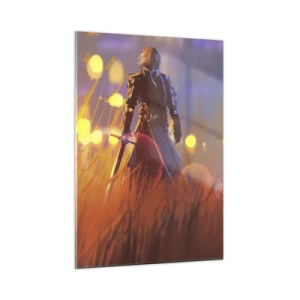 Quadro su vetro - Una figura in armatura tra l'erba arancione e uno sfondo luminoso. - 50x70cm - Il cavaliere errante - Decorazione murale moderna per soggiorno e camera da letto ARTTOR
