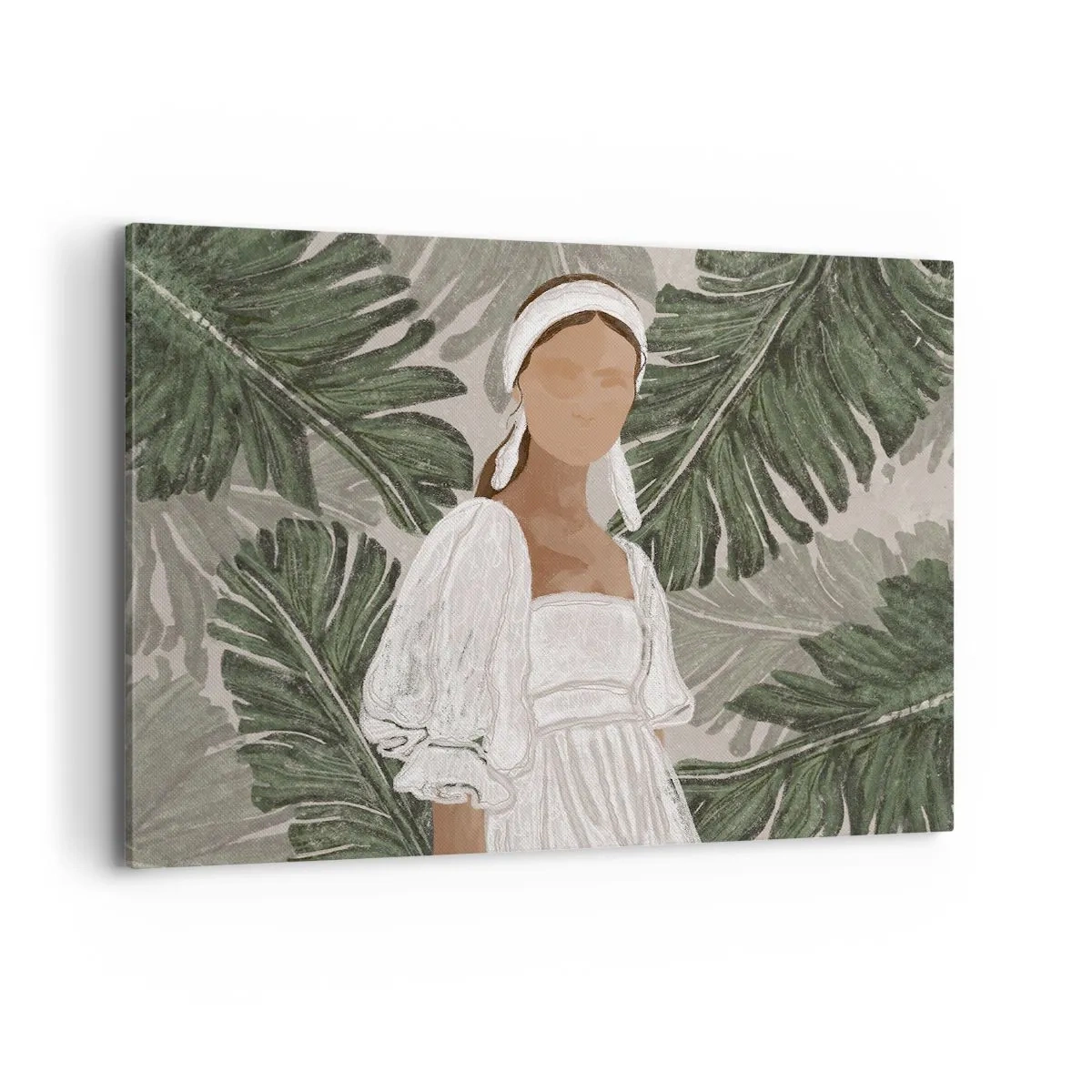 Quadro su tela - Stampe su Tela - Ritratto di una donna in abito bianco su uno sfondo di foglie di monstera - 100x70cm - Ritratto esotico - Decorazione murale moderna per soggiorno e camera da letto ARTTOR