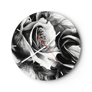 Orologio da parete - Orologio in Vetro - Illustrazione di una rosa bianca e nera in uno stile di disegno classico - 30x30cm - Sempre regina - Decorazione murale moderna per soggiorno, cucina e camera da letto ARTTOR