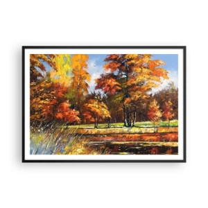 Poster in cornice nera - Paesaggio autunnale con alberi colorati e uno stagno - 100x70cm - Paesaggio in oro e marrone - Decorazione murale moderna per soggiorno e camera da letto ARTTOR