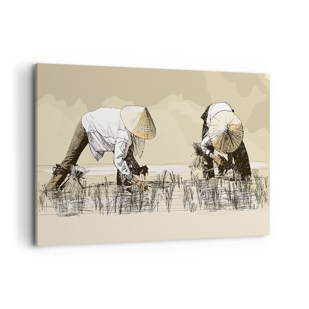 Quadro su tela - Stampe su Tela - Contadini che lavorano in una risaia indossando copricapi tradizionali - 120x80cm - Buon raccolto - Decorazione murale moderna per soggiorno e camera da letto ARTTOR