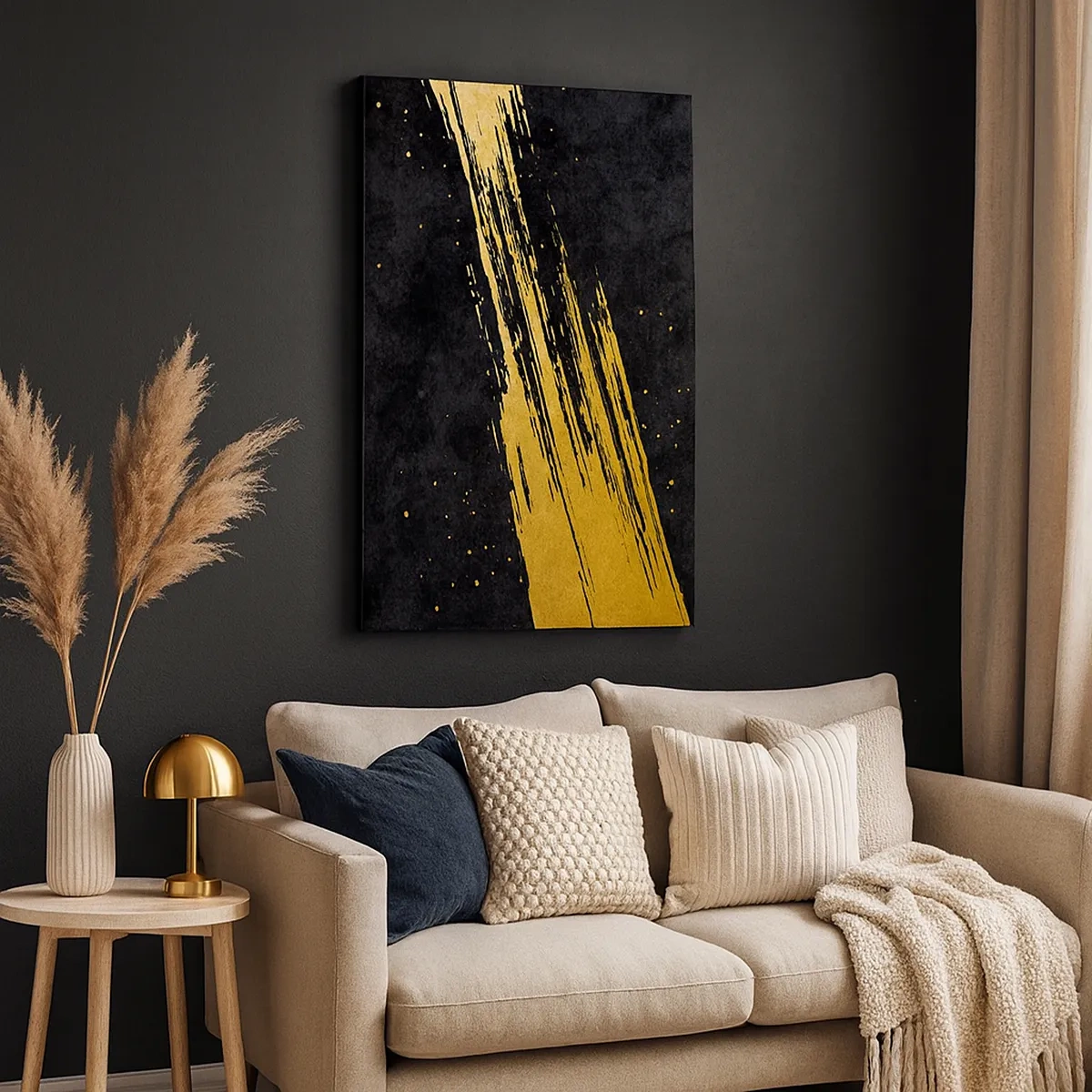 Quadro su tela - Stampe su Tela - Sfondo nero con pennellate dorate dinamiche - 50x70cm - Salto nell'iperspazio - Decorazione murale moderna per soggiorno e camera da letto ARTTOR
