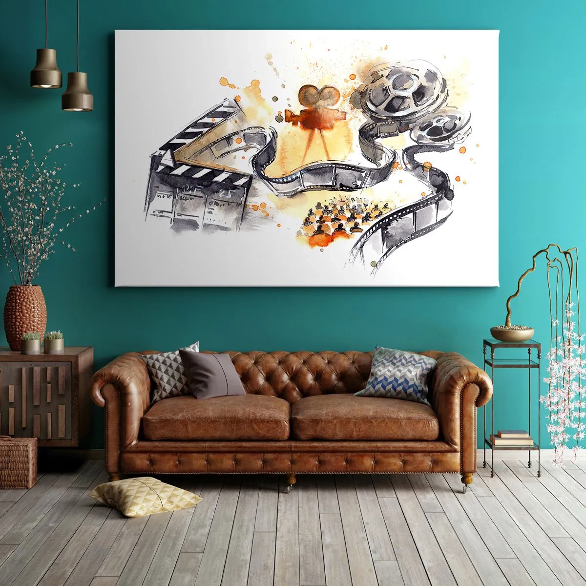 Quadro su tela - Stampe su Tela - Il simbolismo del cinema con una striscia di pellicola in un acquerello artistico - 70x50cm - Nel paese dei sogni - Decorazione murale moderna per soggiorno e camera da letto ARTTOR