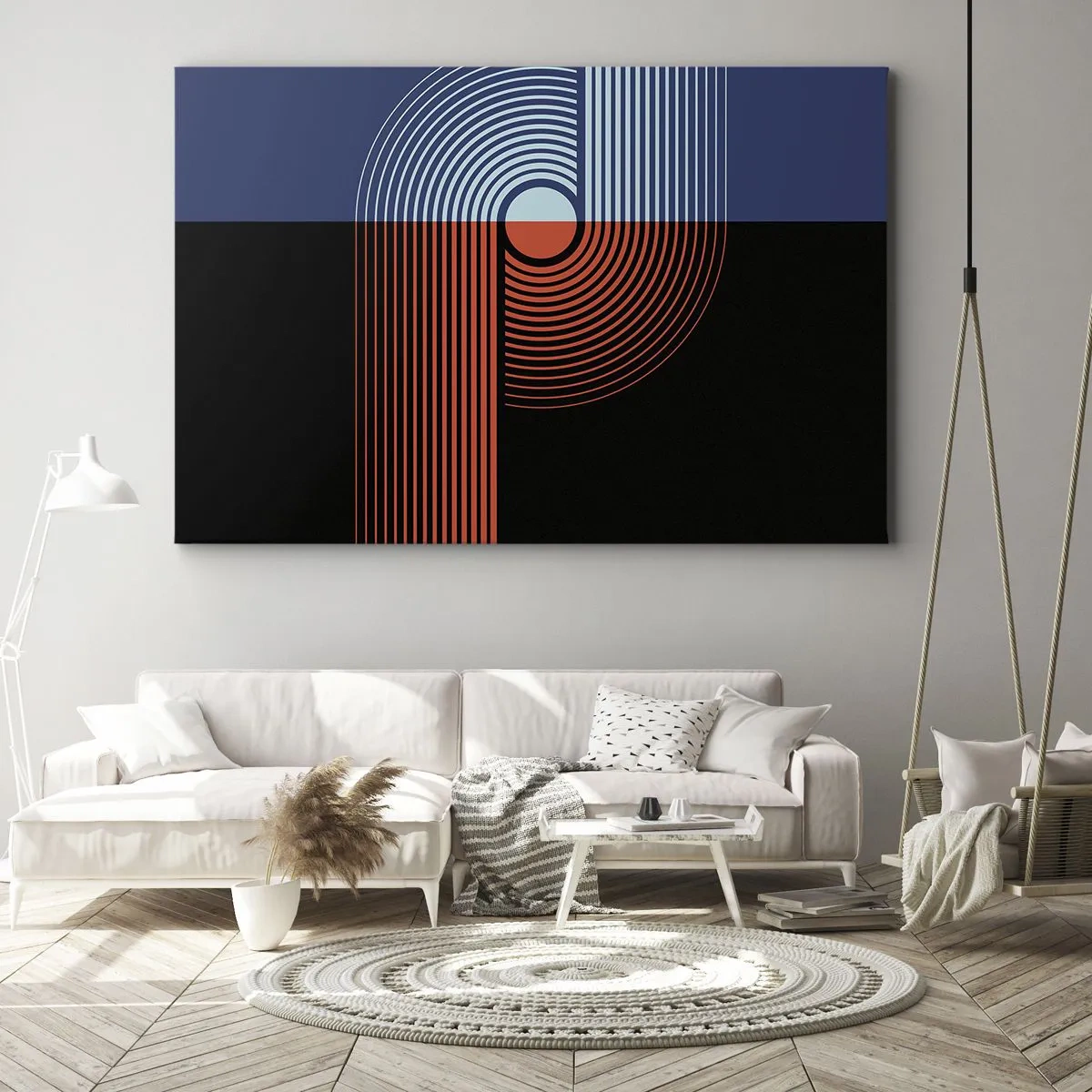 Quadro su tela - Stampe su Tela - Astrazione geometrica con linee blu navy e arancione. - 120x80cm - Nell'abbraccio geometrico - Decorazione murale moderna per soggiorno e camera da letto ARTTOR