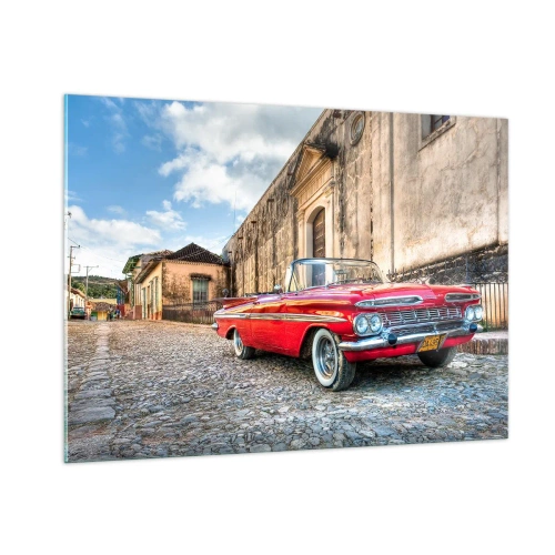 Quadro su vetro - Una classica decappottabile rossa su una strada acciottolata in un ambiente retrò - 100x70cm - Impressioni di Cuba - Decorazione murale moderna per soggiorno e camera da letto ARTTOR