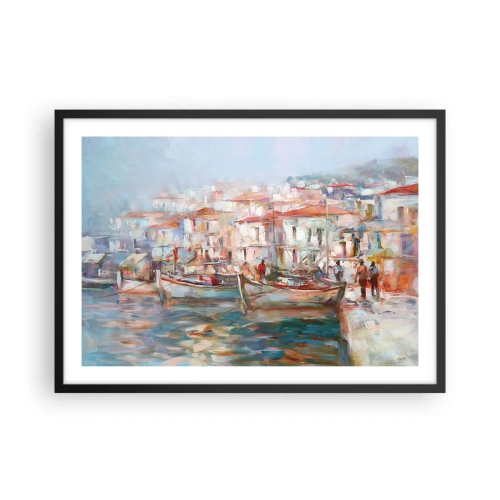 Poster in cornice nera - Impressione del porto con barche ed edifici - 70x50cm - Vacanze in pastello - Decorazione murale moderna per soggiorno e camera da letto ARTTOR